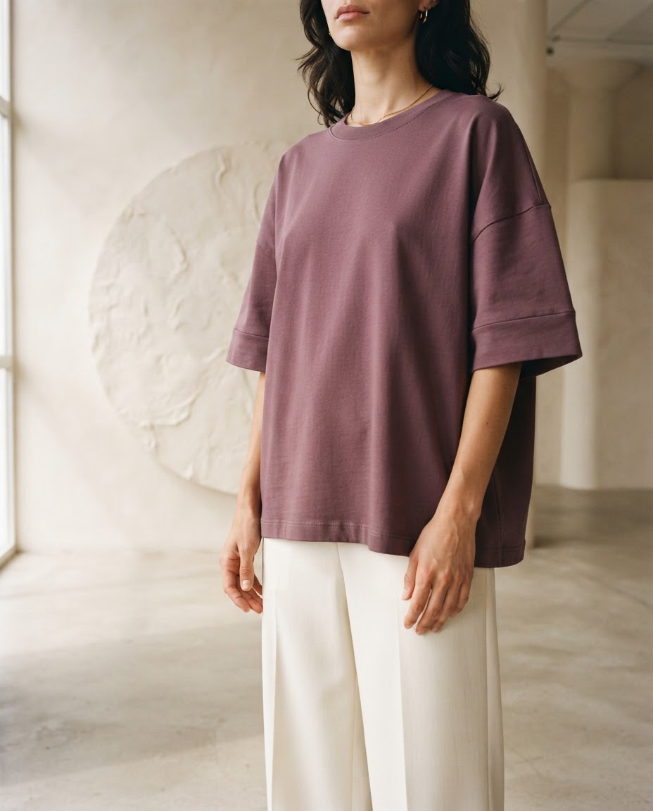 Sashiy modni editorijal: oversized komad u Plum nijansi